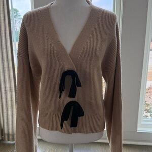 Anniewear Women's Tan Sweater Cardigan with Black Accent Bow Sz L